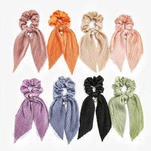 Pleated Satin Hair Scrunchie With Long Streamer Bow And Faux Artificial Pearl Decoration Elegant Ponytail Holder Women Hair Accessories