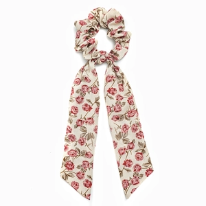 Floral knot scrunchie with long ribbons and vintage rose pattern on cream fabric