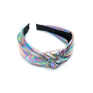 Holographic laser knotted headband for women featuring vibrant metallic violet and gold tones
