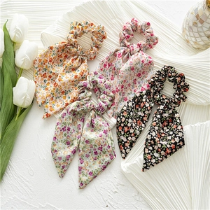 Floral print scrunchies with long ribbons in colorful chiffon fabric for women hairstyles