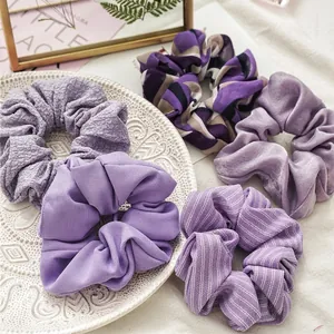 Chouchous en Tissu Violet Mousseline Satin Tricot Côte Attaches Cheveux Élastiques Porte-Queue de Cheval Accessoires Cheveux Femmes