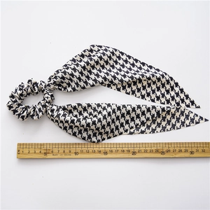 Houndstooth satin hair scrunchie with long ribbons for elegant women summer hairstyles