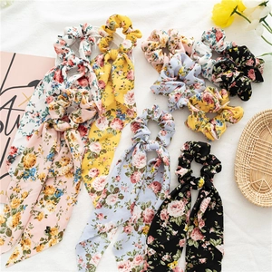 Chouchou en Chiffon Floral Avec Ruban Motif Rose Écharpe de Cheveux Porte-Queue de Cheval Pour Femme Accessoire
