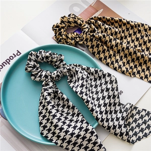 Elegant houndstooth pattern hair scrunchies with long ribbons in black and beige colors