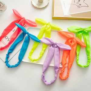 Set of 6 neon bunny ear elastic headbands for women in vibrant colors for skincare