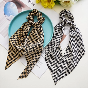 Elegant Houndstooth Satin Scrunchies With Long Ribbon Bowknot Hair Tie For Women Vintage Satin Like Large Hair Bands Ponytail Accessories