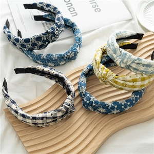 Serre-têtes noués en denim pour femme avec broderies florales et carreaux, lot de 5