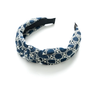 Serre-tête en jean bleu à nœud supérieur avec motifs de cercles brodés pour femme