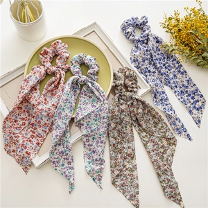 Chouchou Imprimé Floral Ruban Long Nœud en Chiffon Élastique à Cheveux Porte-Queue de Cheval pour Femmes Filles Style Pastoral