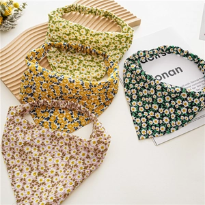 Floral print hair bandanna and scrunchie set with daisy pattern in multiple colors