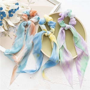 Chouchous en Mousseline Plissée Tie-Dye Avec Long Ruban Dégradé Bohème Élastiques Cheveux Pour Femmes Filles Accessoires Cheveux