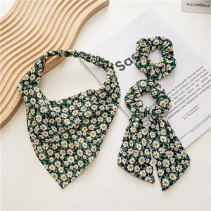Detailed set of three daisy floral hair accessories including triangle headscarf and scrunchies