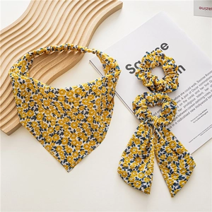Three-piece floral hair set with triangle headscarf, scrunchie and bow hair tie