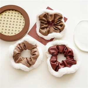 Three-piece retro PU leather scrunchies set with plush faux fur trim in autumn colors