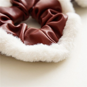 Retro PU leather scrunchie with white faux fur trim for autumn and winter hairstyles