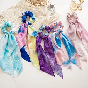 Chouchou en Tissu Tie-dye pour Femmes Avec Longs Rubans Noeud Élastique à Cheveux Accessoires de Coiffure en Tissu à la Mode