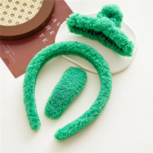 Ensemble d'accessoires de cheveux vert en peluche avec serre-tête, pince et barrette