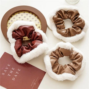 Retro Autumn Winter PU Leather Faux Fur Patchwork Scrunchies For Women Fashion Plush Hair Ties Headwear Accessories