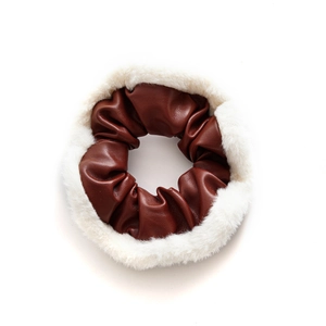 Brown PU leather hair scrunchie with white fluffy faux fur trim for autumn and winter