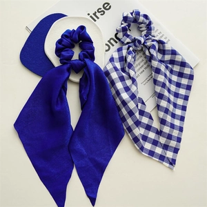 Royal blue satin scrunchies set with matching ribbons and plaid patterns for women