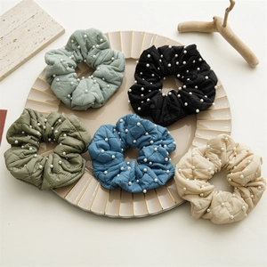 Quilted fabric scrunchies with faux pearls in mint green, black, olive, blue and beige