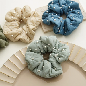 Quilted oversized scrunchies with faux pearls in blue beige and mint green colors