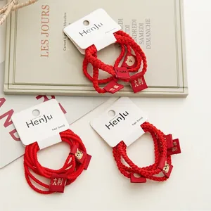 Chinese New Year Tiger Theme Red Hair Ties For Women Cute Nylon Elastic Hair Bands With Lucky Embroidered Labels