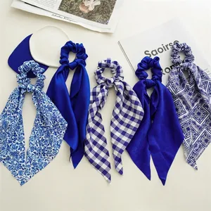 Vintage Blue White Patterned Satin Fabric Scrunchie With Long Ribbon Bow Streamer Elegant Ponytail Holder Elastic Hair Tie
