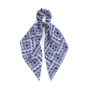 Blue and white patterned satin hair scrunchie with long ribbons and elegant geometric prints