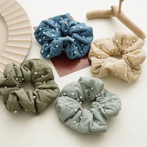 Quilted Down Filled Scrunchies For Women Elegant Rhombus Pattern Hair Ties With Faux Artificial Pearl Embellishment Hair Accessories