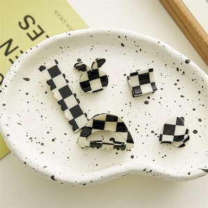 Checkerboard pattern hair claw clip set with various geometric resin shapes for women