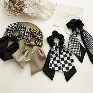 French Vintage Fabric Houndstooth Checkerboard Scrunchie With Long Bow Streamer Elegant Elastic Hair Tie For Women Hair Accessories