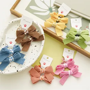Children Girls Candy Color Ribbed Fabric Bow Hair Ties Sweet Checkered Elastic Scrunchies Handmade Hair Styling Accessories