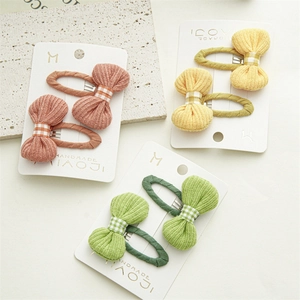 Handmade knitted fabric bow hair clips for girls in pink, yellow and green set