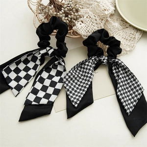 Elegant black and white checkerboard and houndstooth bow scrunchies with long streamers