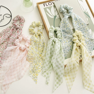 Süße Chiffon-Scrunchies Mit Blumen Und Karos Mit Langen Bändern Pastoraler Stil Stoff Haarschmuck Für Damen Mädchen