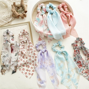 Women Korean Style Floral Bow Ribbon Scrunchie Elastic Chiffon Hair Ties Sweet Print Scrunchies Hair Accessories For Daily Dating