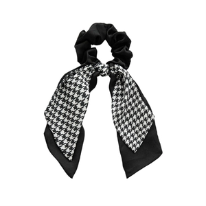 Elegant black and houndstooth check scrunchie with a long bow ribbon for women