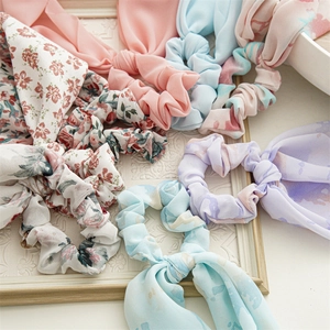 Floral chiffon scrunchies with long ribbons and solid macaron colored hair ties