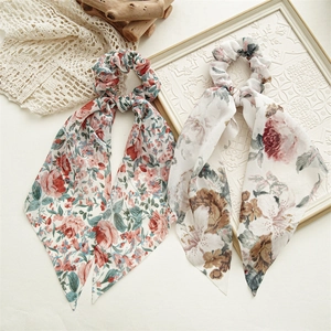 Floral chiffon bow scrunchies with long ribbons in elegant French vintage style