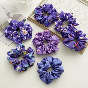 Women Printed Satin Scrunchies Hair Ties Very Peri Purple Floral Heart Cat Pattern Large Elastic Hair Bands Accessories