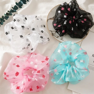 Große Organza Haargummi Für Damen Geometrische Quadrat Druck Netz Haarbänder Elastische Pferdeschwanz Halter Mode Haarschmuck