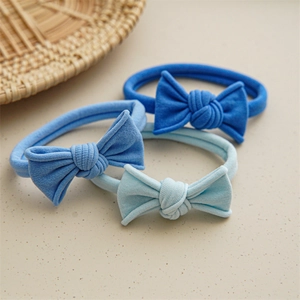 Three-piece set of high-elastic blue gradient bow hair ties with soft knitted texture