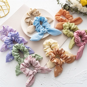 Women Cute Daisy Print Bunny Ear Scrunchies Bowknot Hair Ties Pleated Fabric Elastic Hair Bands Sweet Hair Accessories
