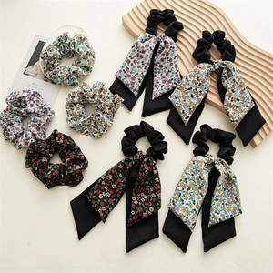 Chouchous à Fleurs avec Nœud et Ruban pour Femmes Double Couche Élastique en Tissu Anneau de Cheveux Accessoires de Mode pour Cheveux
