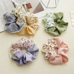 Sweet Floral Color-blocking Satin Scrunchie With Faux Artificial Pearl Lace Trim Elegant Fabric Large Hair Tie For Women Girls