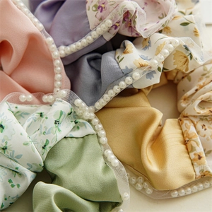 Floral satin scrunchie with lace edge and faux pearls in sweet macaron colors