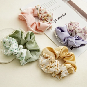 Floral satin scrunchie set with pearls and lace trim for women summer ponytail style