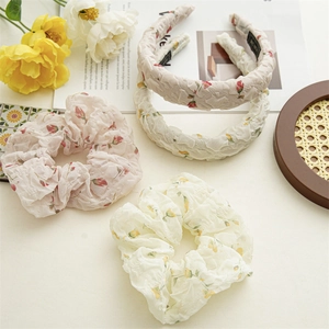 Ensemble de Serre-tête et Choucou en Tissu à Bulles Doux Motif Floral Rose Plissé Accessoires Cheveux Femme