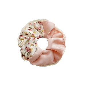 Floral patchwork satin scrunchie with faux pearl trim and sweet pink aesthetic style